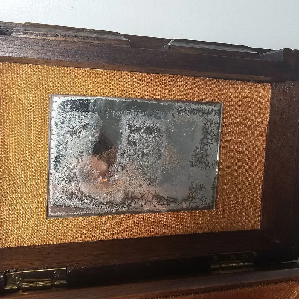 Vintage 1960s Retro Footed Wooden Jewelry Box, Mustard Gold Velvet Lined